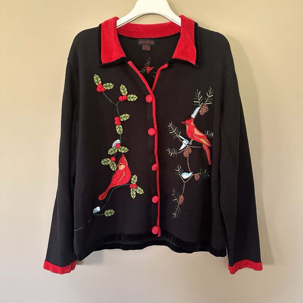 Embellished Cardinal Sweater XL Embroidered Beaded Winter Christmas Red Bird